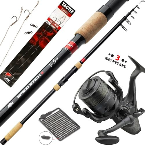 Fischzeux Karpfen Set komplett Profi Spezi-RS Tele – Carbon Freilauf Angelset 3,60m (1 Rolle + 1 Karpfenrute + Zubehör)