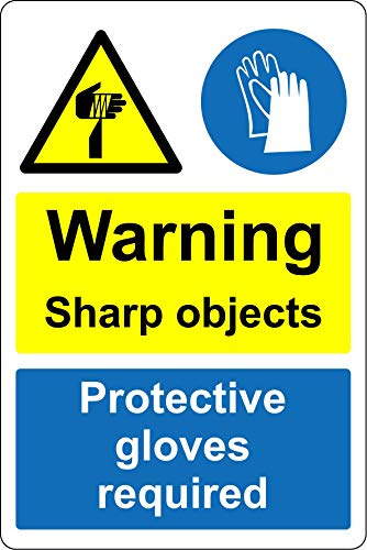 Warning sharp objects protective gloves required Blade Safety sign - Self adhesive sticker 200mm x 150mm