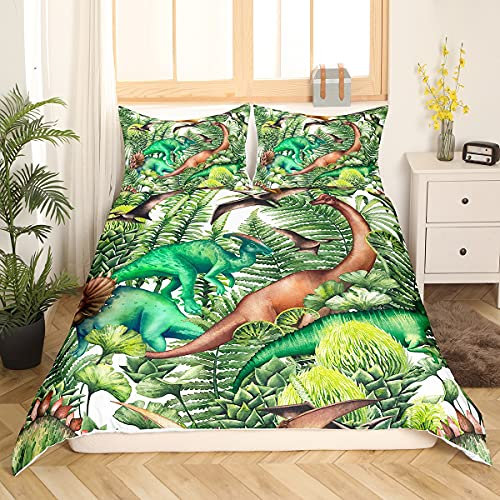 Loussiesd Kids Bettwäsche Dinosaurier Muster Bettwäsche Set 135x200cm 2 Stück für Jungen Teenager Grüner Dschungel Botanisch Dinosaurier Tiere Betten Set Atmungsaktive Mikrofaser