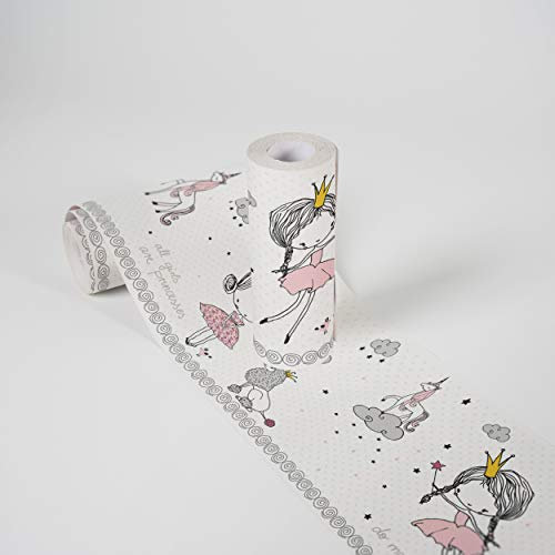 A.S. Création selbstklebende Bordüre - Papierbordüre mit kinderfreundlichen Motiven in Rosa, Grau und Weiß - auf 5,00 m x 0,15 m je Rolle