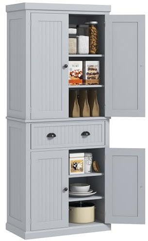 HOMCOM 183cm Freestanding Kitchen Cupboard, Tall Storage Cabinet with 4 Doors and 3 Adjustable Shelves, Traditional Kitchen Pantry Cupboard for Dining Room, Grey