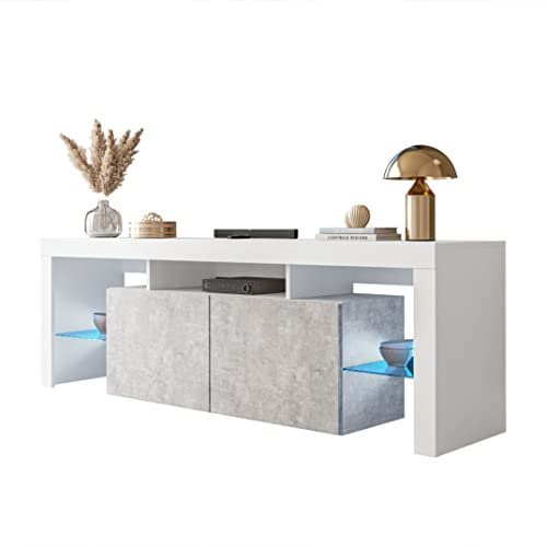 lukmebel COLGANTE Plus Beton TV-Schrank Hängeschrank Weiß Hochglanz Weiß Matt HG Fernsehschrank mit LED Beleuchtung und Push to Open System TV- Bank Sideboard Lowboard Wohnwand Wohnzimmer