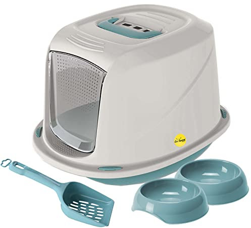 CAT CENTRE Medium Blue Kitten Hooded Litter Tray Durable Bundle Bowls Toilet Starter Set Kit Loo Carry Handle Carbon Filter