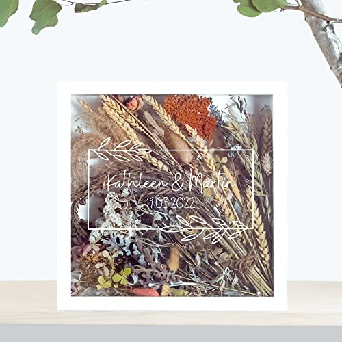 Rahmen für den Brautstrauß | Blätter | bunt und individuell mit Spruch und Namen | Hochzeit | Blumen | Dried Flower | Erinnerung | Deko | Wanddeko (25 x 25 cm, Schwarzer Rahmen)