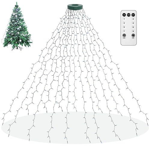 aneeway Weihnachtsbaum Lichterkette mit Ring Christbaumbeleuchtung 8 Modi Weihnachtsbaum-Überwurf-Lichterkette mit 16 Girlanden 400LED Baummantel Weihnachten 2m Tannenbaum Lichter KaltesWeiß