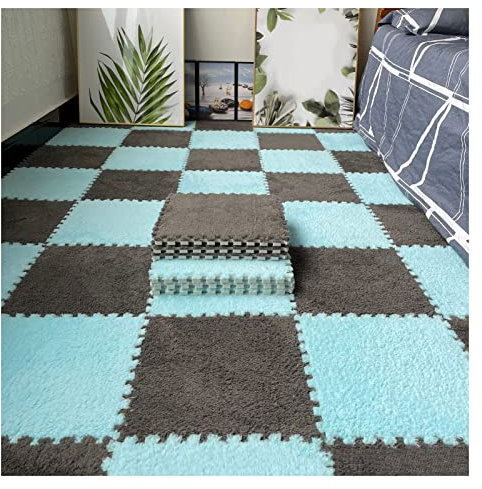 9/12/15/16 Stück Ineinandergreifende Schaumstoff-Teppichfliesen, Weiche, Flauschige Plüsch-Teppichmatte, Kriechende Spielmatte, Puzzlematte, Für Schlafzimmer, 30 X 30 cm,Grey+Light Blue,15 PCS