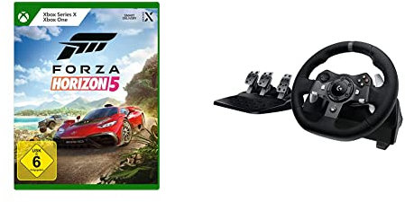 Microsoft Forza Horizon 5 (Xbox One, Series X) + Logitech G920 Driving Force Gaming Rennlenkrad, Zweimotoriges Force Feedback, 900° Lenkbereich, Racing Leder-Lenkrad - Schwarz