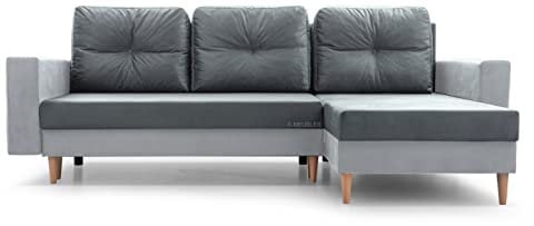 MOEBLO Ecksofa Carl – Ottomane Links und rechts montierbar, Couch für Wohnzimmer, Schlafsofa Sofagarnitur Sofa Eckcouch L-Form Wohnlandschaft, mit Bettkasten und Schlaffunktion (Grau + Hellgrau)