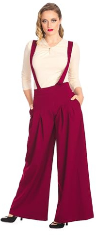 Banned Diamond Palazzo Hose Hohe Taille Hosenträger Vintage Hose Retro 40er 50er Jahre, rot, M