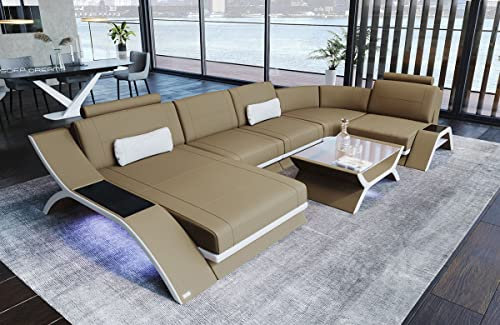 Sofa Wohnlandschaft Calabria - mit LED Beleuchtung, verstellbare Kopfstützen, Recamiere/Mikrofaser/Ausrichtung wählbar (Ottomane Links, Weiss-Cappuccino)