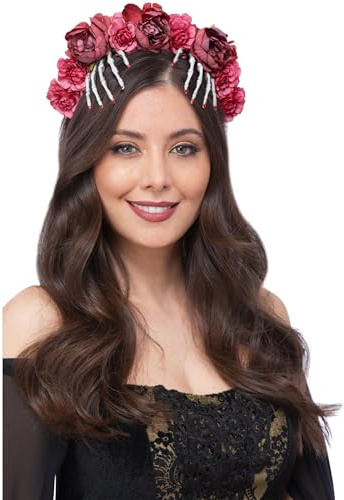 Smiffys Red Rose & Skeleton Hand Headband, Halloween Fancy Dress Accessory, Day of The Dead Dress Up Hats