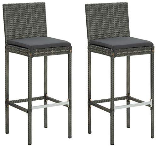 vidaXL Garden Bar Stools with Cushions Set - 2 pcs Grey Poly Rattan - Contemporary Outdoor Seating from Weather- Material with Removable Cushion Covers
