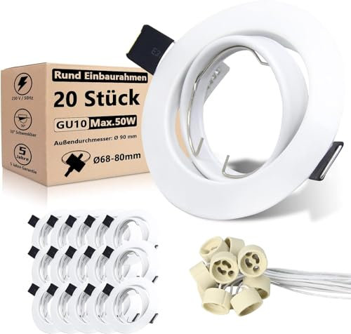 Allesgute 20er Set LED Einbaustrahler GU10 Einbaurahmen Roud Matt Weiß Schwenkbar Einbauleuchten 230V led spots 68mm Lochdurchmesser inkl. GU10 Fassung für Lampe oder Halogen