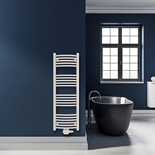 SHV Badheizkörper Columba gebogen mit Mittelanschluss in glänzendem Weiß - 400 x 1200 mm | Heizkörper für Badezimmer, Handtuchhalter für Wand im Bad, Handtuchheizkörper, Handtuchtrockner aus Stahl