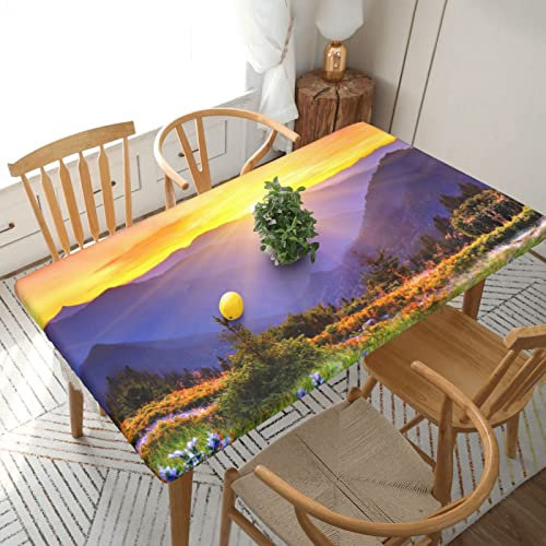 BAFAFA Rocky Mountain Sonnenuntergang Sonnenschein bedruckte Spannbettdecke, 152 cm, elastische Ecken, wasserdicht, abwischbare Tischdecken für Outdoor, Picknick, Küche, Tischdekoration