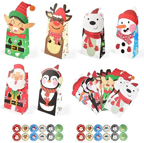 Kleemeiero 24 Stück Geschenktüten Weihnachten Papier Süßigkeitskästen 6 Design Tüten Mit 2 Blatt Aufklebern für Geschenkverpackung