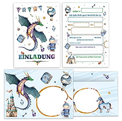 Minkocards 12 Einladungskarten incl. 12 Umschläge zum Kindergeburtstag Junge Ritter Einladungen zum Geburtstag Kinder Einladungsset Motto-Party Einladungsset