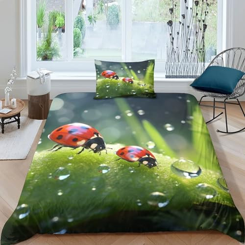 SHEYLE Lady Bug Bettwäsche Set Mikrofaser Ladybird Bedding Set Reißverschluss Bed Linen Sets Farbig Bettbezug Waschbar Steppdeckenbezug Für Jungen Und Mädchen Single(135x200cm)
