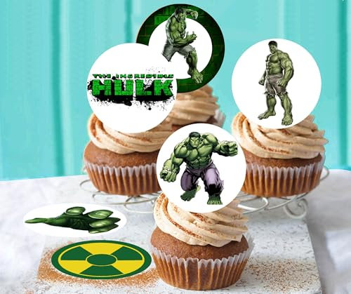 24 x vorgeschnittene Kuchendekoration, Motiv: Hulk, 2 Stück, essbar, stehend, Oblaten / Reispapier, für Cupcakes, für Geburtstagspartys, Superhelden-Dekorationen