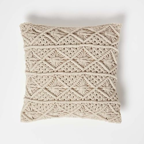 Homescapes Willow Dekokissen Natur, Makramee-Kissen 45x45 cm, Boho Kissen mit Füllung