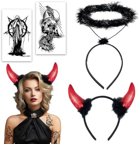 SupreLuck 2Stk Fasching Haarreif Teufelshörner Teufelsohren Rote+ Schwarzer Heiligenschein Engel, Karneval Kostüm Damen Kinder Herren, für Karneval Faschingskostüme Halloween Accessoires