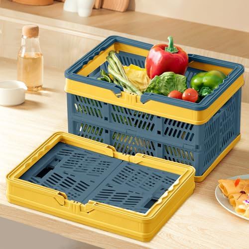 Bocguy Klappkiste, Klappbarer Korb, Klappboxen Faltbare Aufbewahrungskorb mit Tragegriff, Stapelbar Klappkisten für Schlafzimmer, Arbeitszimmer,Büro,Küche, Picknick (Dunkelblau,30 * 20 * 15.5cm)