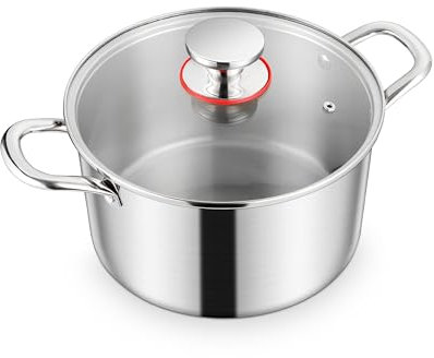 Homikit 20cm Kochtopf, 3-Lagen Edelstahl Suppentopf Induktion mit Glasdeckel, 3,3L Nudeltopf Fleischtopf für alle Herdearten, Edelstahl Poliert & Unbeschichtet, Gesund, Spülmaschinenfest