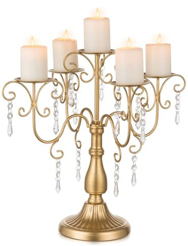 Sziqiqi Gold Candelabra Candle Holder - 5 Arm Pillar Candle Holders with Crystal Beads for Christmas Table Centerpiece Wedding Candleholders Decoration