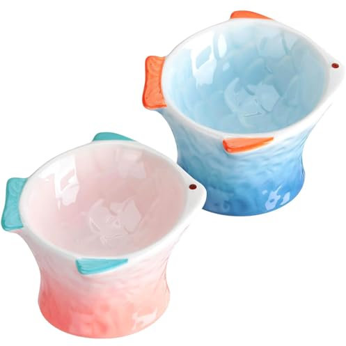 Raised Cat Food Bowl Elevated 2 Pcs Whisker Friendly Cat Bowl Ceramic and (Blue, Pink)