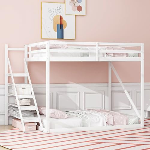 Dolamaní Hochbett 140x200 cm, mit Treppe Sicherheits-Dreieckige stabile Ausführung, Kinderbett Massivholz mit Lattenrost, Tragfähigkeit 150 kg für Kinder, Jugendliche & Erwachsene (Weiß)