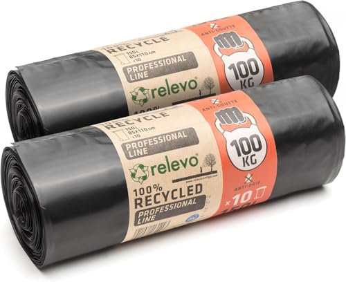 Relevo 60 Stück á 150 Liter Schwerlast-Müllsäcke LDPE 75 μm Stärke - Belastbarkeit 100 Kilogramm, Industriell, Schwarz