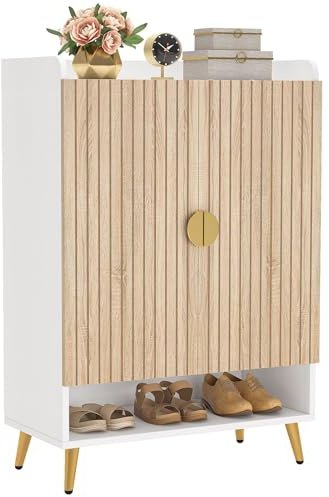 LITTLE TREE Schuhschrank mit Türen und verstellbaren Regalen, 7-stöckig, modern, freistehend, Aufbewahrungs-Organizer für Eingangsbereich, Wohnzimmer, Schlafzimmer, Wohnungen Holz und Weiß