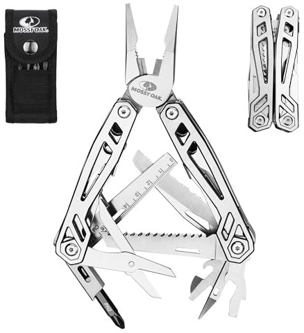 Mossy Oak 22-in-1 Multi-Tool Pliers Includes Carry Bag | Stainless Steel Multifunctional Tool Featuring A Wire Cutter, Bottle Opener, and Screwdriver| Perfect for Camping and Maintenance | Metallic