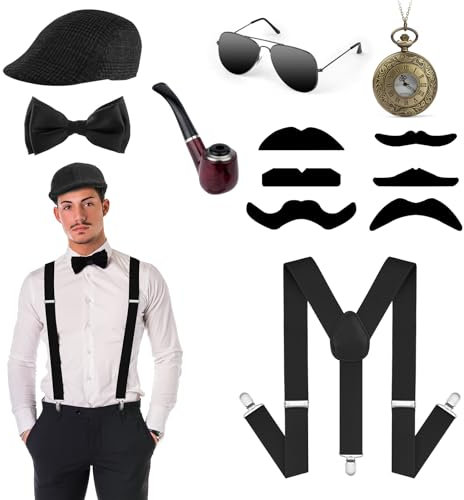 ACWOO 20er Jahre Herren Accessoires, 7 Stück 1920er Herren Kostüm Zubehör Set, Ma-fia Kostüm Herren, Herren Kostüm für Halloween & Partys Karneval Fasching Cosplay Geburtstag