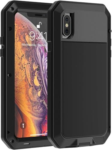 Pritify Heavy Duty Metal Case for iPhone X,XS Shockproof Tough Rugged Case with Built-in Glass Screen Protector, 360 Full Body Dustproof Protective Cover Compatible Wireless Charging | Black