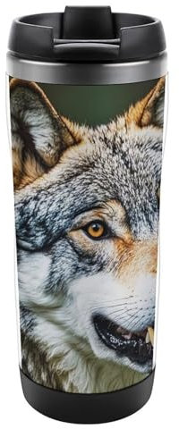 QWJKM Reisebecher mit Deckel, Motiv: Wildtiere, graue Wölfe, isolierter Becher, auslaufsicher, Reise-Kaffeebecher, 340 ml, Edelstahl, wiederverwendbar, Thermobecher für Auto, Camping, Reisen