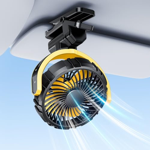 xuenair Car Fan Battery Powered Visor Back Seat Roof Handles, Portable Clip On Fan for Car Rechargeable for SUV Van RV Pickup Truck Camping Desk Bed Stroller Baby Crib, Quiet 360 Rotation(Yellow)