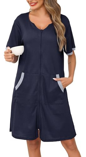 Lovasy Bademantel Waffelpique Damen mit Reissverschluss Morgenmantel Leichter Atmungsaktiv Waffelstrick Bademäntel für Damen Knielang mit Taschen,Marineblau,XL