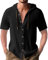Ophestin Men's Hoodie Shirt Short Sleeve Button Down T Shirts Casual Cotton Beach Hoodies Tops Black XL