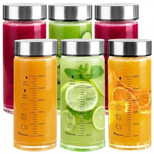 poweco Glasflasche 400ml mit Deckel - 6er Pack, Trinkflasche Glas & Saftflasche aus Borosilikatglas - Smoothie & Shaker Becher - Zum Befüllen - BPA-Frei