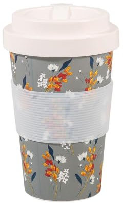 ECO CHIC Recycled Travel Coffee Cup 400ml Microwave Dishwasher Safe Plastic Travel Mug (Flowers Grey)