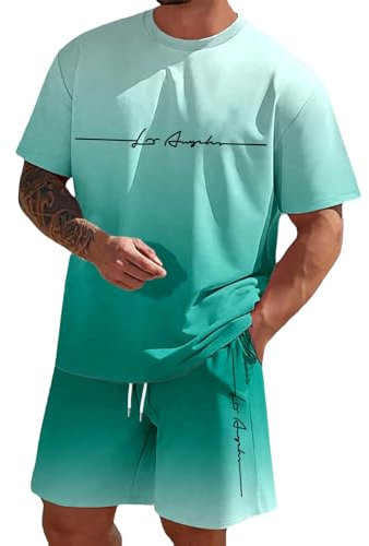 Generisch Survêtement court pour homme - T-shirt de gym + short - 2 pièces - 2 pièces - Confortable et respirant - Tenue d'été 2025, vert, L