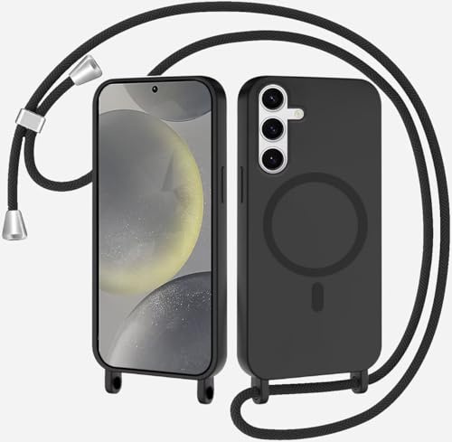 xinyunew Coque Magnétique pour Samsung Galaxy A14 4G/A14 5G avec Cordon, Compatible avec MagSafe Collier Étui Silicone Liquide avec Tour de Cou Lanière en Corde Souple TPU Antichoc Housse,Noir
