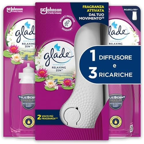 Glade Sense & Spray, Profumatore per Ambienti, Relaxing Zen, 1 Base 3 Ric. | Con Sensore di Movimento, Fragranza di Lunga Durata con Oli Essenziali, Facile da Usare