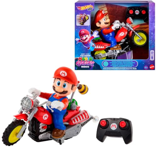 Hot Wheels Mario Wheelie Motocross RC, Moto de Control Remoto | Moto con figura que se mueve y se inclina al girar, inspirada en la película Super Mario Bros, JML15