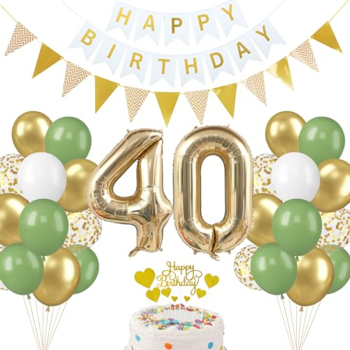 Vuemhjaey 40 Geburtstag Deko set für Männer & frauen - 32 Zoll Folienballon, Luftballons in Grün & Gold, Herz Tortendeko, Banner & Flagge - Perfekt für Servietten 40. Geburtstag
