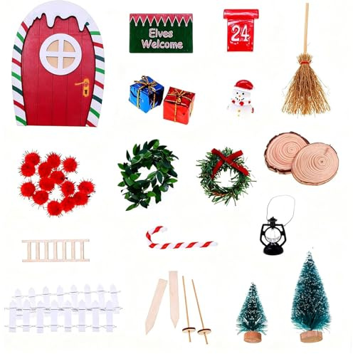 Satiskid 21 Pcs Christmas Fairy & Elf Door Kit, Magic Miniature Dollhouse Accessories, Mini Wooden Fairy Door Elf Door Window Christmas Wreath Broom Lamp for for Xmas DIY Craft Dollhouse Garden Decor