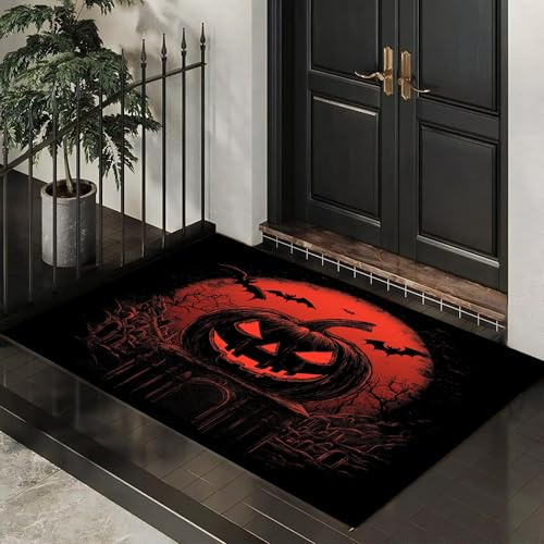 MLSOWM Fußmatte Horror-Halloween 50 x 80 cm Innen und Außen, Waschbar Fussmatt Böse Kürbislaterne Rutschfester Schmutzfänger Teppich für Eingang Haustür Patio Flur Garten, Dunkelrot