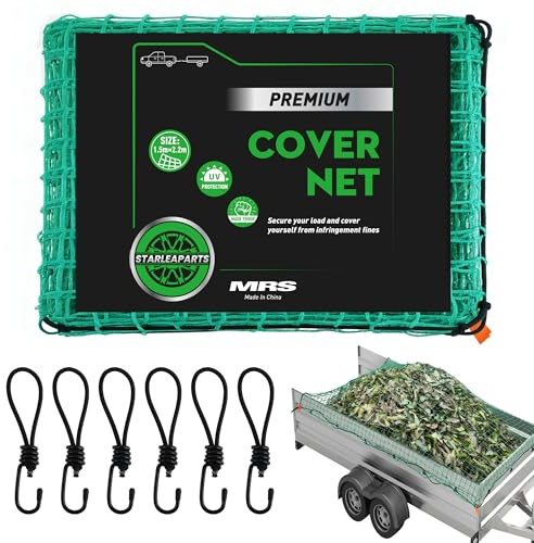STARLEAPARTS Anhängernetz 1,5x2,2 M, Anhänger Netz,Transportnetz,Abdecknetz | Ladungssicherungsnetz, Inkl. 6 Spannhaken, Eckmarkierungen, Verstärktes Gummiseil, 780N, für PKW Zubehör Gepäcknetz, Grün