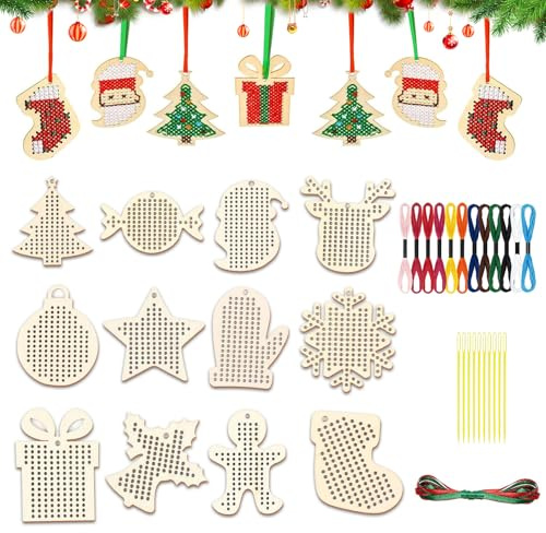 12 Stück Weihnachten Holz Kreuzstich Set,Holznähen Kreuzstich | Weihnachtsbaum Ornament Hängende Dekorationen,Bastelset mit Holzstücken Stickgarn,für Kunst Holzhandwerk Weihnachtsschmuck